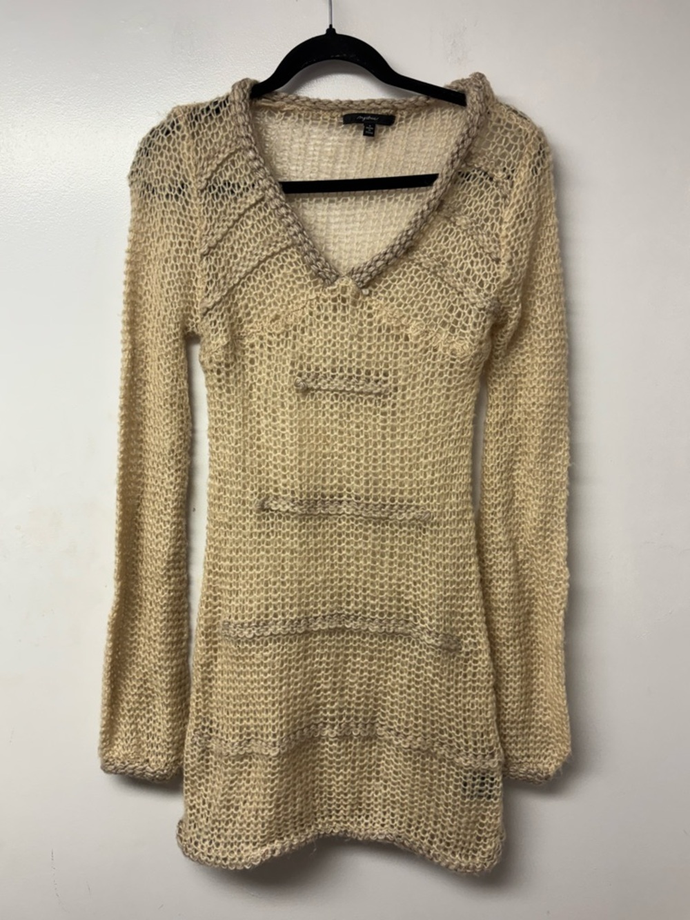 Mystree Open Knit Sweater Womens S Beige Wool Blend Boho Beach Top Coastal A7 - Picture 2 of 8